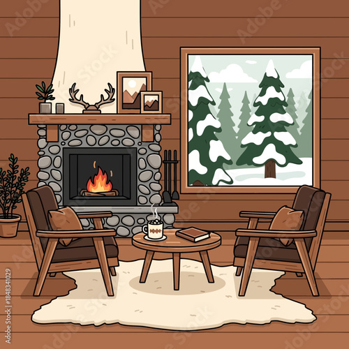 Cozy rustic interior with a stone fireplace and a scenic winter view outside a cabin window