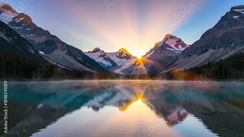 Experience the majestic beauty of a pristine mountain landscape at dawn or dusk. Golden sun rays burst dramatically from behind towering, snow-capped peaks, casting a vibrant glow across the tranquil 