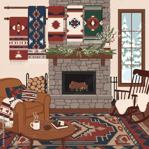 Cozy rustic living room with stone fireplace and decorative rugs creating warm ambiance