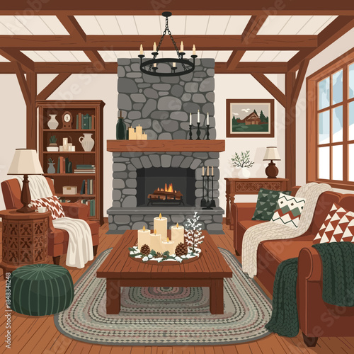 Cozy rustic living room with stone fireplace and wooden beams in a countryside cabin