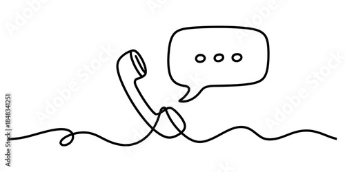 Simple monoline drawing of a telephone handset with a speech bubble, symbolizing call center communication Vector, illustration