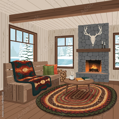 Cozy rustic living room with stone fireplace, wooden walls, and large windows showcasing a winter