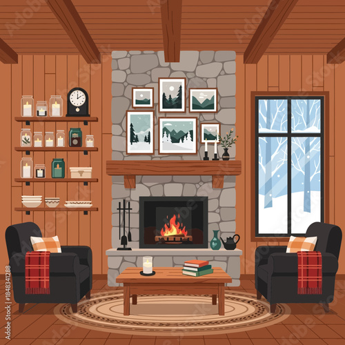 Cozy rustic living room with stone fireplace, wooden walls, and winter view outside