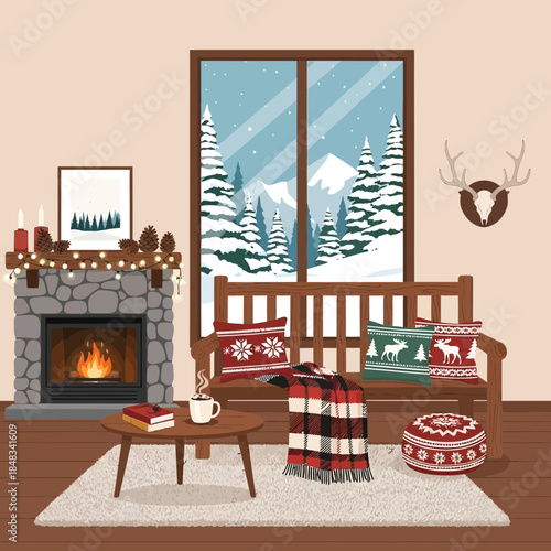 Cozy winter living room with fireplace and decorated Christmas scene with mountain view outside