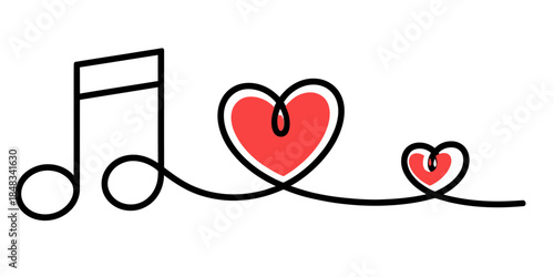 A minimalist single continuous line drawing illustrating a musical note and two hearts for love Vector, illustration