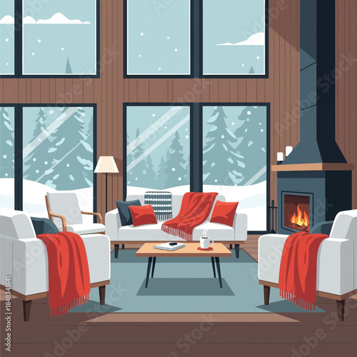 Cozy winter living room with large windows overlooking snowy forest scene with comfortable seating