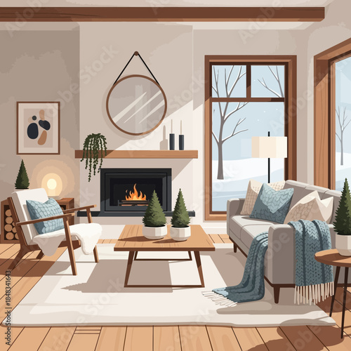 Cozy winter living room with a fireplace, large windows showing snow outside, and festive holiday