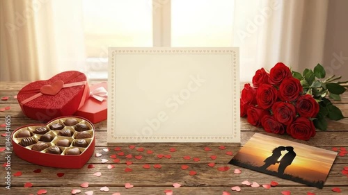 This beautifully arranged flat lay setup captures the essence of romance and heartfelt gestures. A prominent blank card with a delicate heart border offers customizable space, complemented by classic 