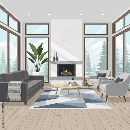 Modern living room with large windows and cozy fireplace for relaxation and social gatherings