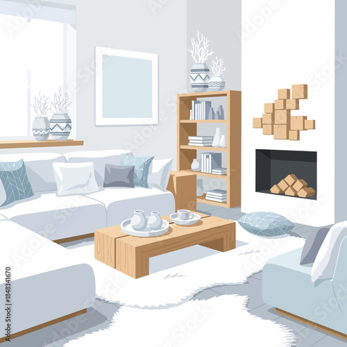 Modern cozy living room with minimalist decor featuring a fireplace and light color palette