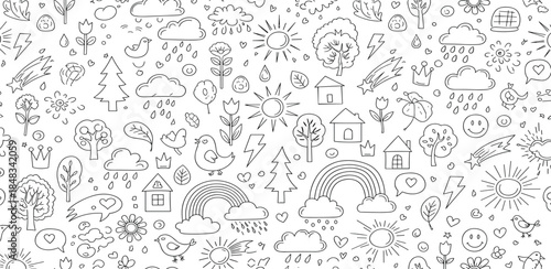 Delightful doodle pattern featuring charming hand-drawn nature elements, houses, and weather symbols, ideal for creative projects and whimsical backgrounds