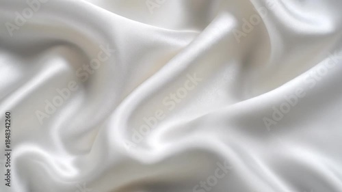 This elegant close-up features a luxurious, flowing white fabric, possibly silk or satin, with delicate folds and gentle ripples. The soft, luminous material creates a sophisticated texture, enhanced 