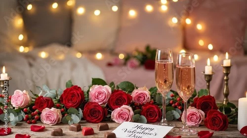 This enchanting video captures a beautifully arranged intimate setting, perfect for celebrating love and special moments. The scene features elegant champagne flutes filled with sparkling rosé beverag