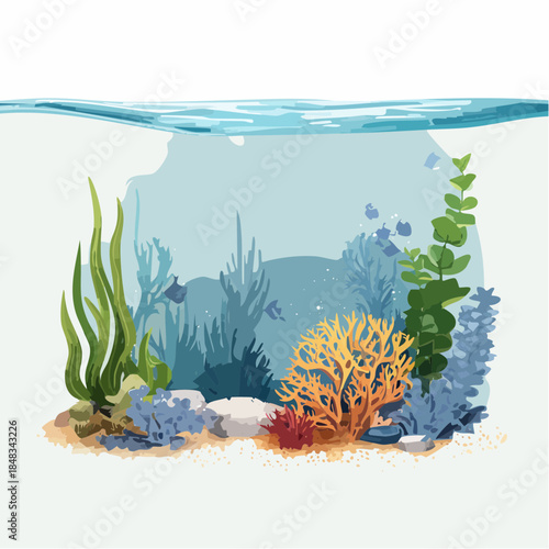 Illustration of an underwater scene with coral, plants, fish, and sand in an aquarium.