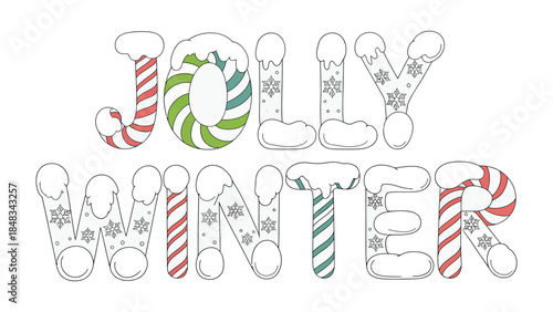 Jolly Winter Typography: A festive typography design spells out JOLLY WINTER, crafted with candy cane style and snowflakes, evoking the cheerful spirit of winter holidays.