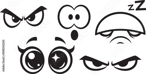 Collection of Funny Cartoon Eyes Vector Set with Various Expressions Including Angry Surprised Sleeping and Cute Sparkling Eyes for Character Design