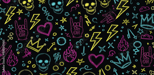 Colorful abstract background with rock and roll symbols like skulls, lightning bolts, crowns, and flames