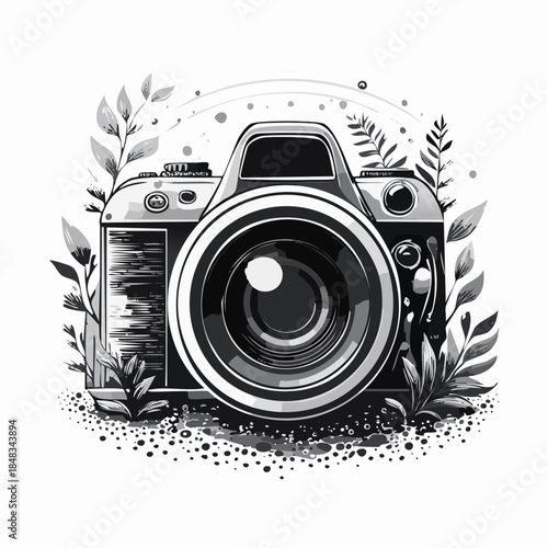 Monochrome illustration of a camera surrounded by foliage and abstract dots.