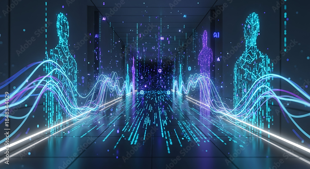Fototapeta premium Digital Gateway: Cybernetic figures and flowing data streams converge in a futuristic, technology-driven environment, hinting at advanced communication and digital connectivity.