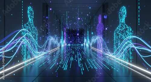 Digital Gateway: Cybernetic figures and flowing data streams converge in a futuristic, technology-driven environment, hinting at advanced communication and digital connectivity.