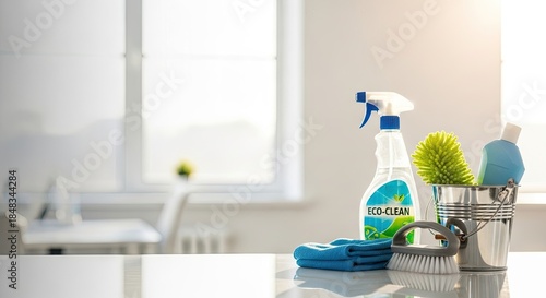 A white table with a blue cloth and a green cleaning brush.