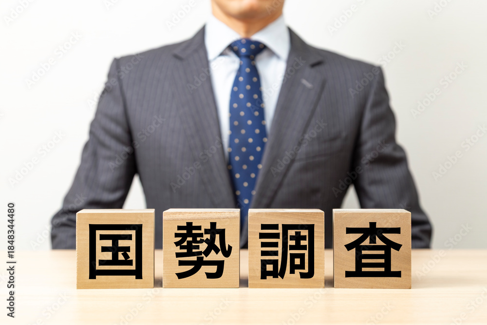 Obraz premium 「国勢調査」と書かれたブロックとビジネスマン