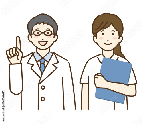 説明する男性医師と女性看護師のイラストセット