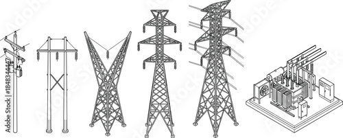 Electric power transmission structures collection featuring utility poles, high voltage lattice towers and substation equipment, detailed technical line art isolated on white background