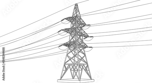 High voltage electricity transmission tower illustration with power lines, detailed lattice pylon engineering drawing, black technical line art isolated on white background