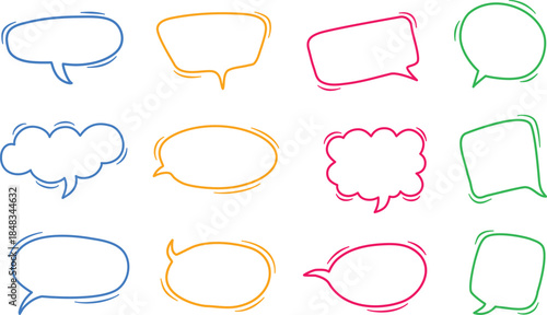 Colorful Handdrawn Speech Bubble Set, Outline Chat Callouts