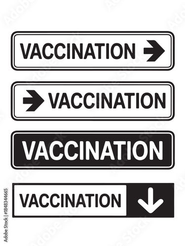 Vaccination directional signs with clear informative style in monochrome vector illustration for public health guidance.