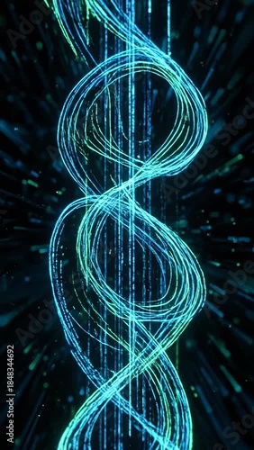 Glowing spiral, neon light effect. Dynamic digital artwork on a dark backdrop.  Geometric and luminous