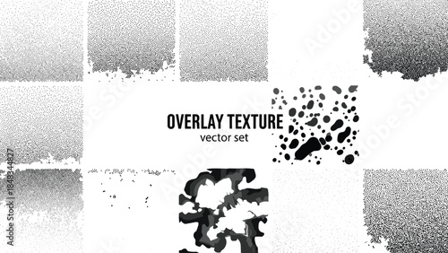 Grunge overlay texture vector set with distressed grain, halftone noise, splatter patterns, rough backgrounds, abstract elements for graphic design