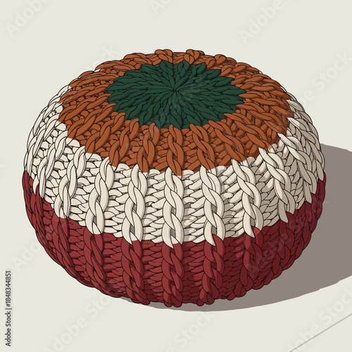 Colorful knitted circular cushion with layered yarn patterns in earthy tones for cozy home decor