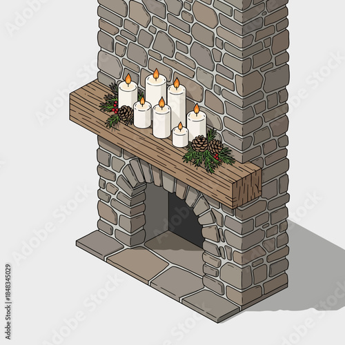 cozy fireplace mantel decorated with lit candles and festive greenery for winter ambiance