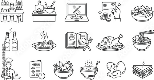 Food and restaurant icon set, cooking dining kitchen symbols outline vector illustration, menu meals bar payment icons collection