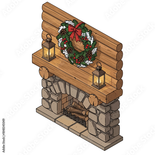 cozy holiday fireplace with wreath and lanterns creating festive atmosphere