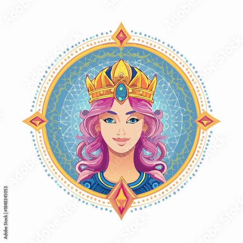 Illustration of a woman with pink hair wearing a golden crown in a circle.
