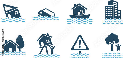 Flood disaster icon set with houses, cars, buildings and people in rising water, emergency warning symbols for natural disaster awareness graphics