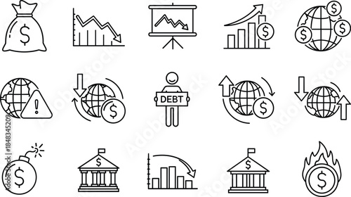Finance icons, economic symbols, global currency, financial crisis, investment, banking, debt, growth, decline, analytics, vector line art, minimal design