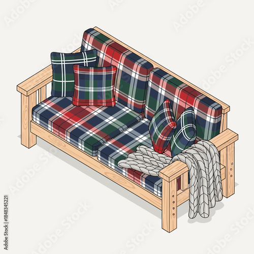 Cozy wooden sofa with colorful plaid cushions and soft blanket draped over armrest