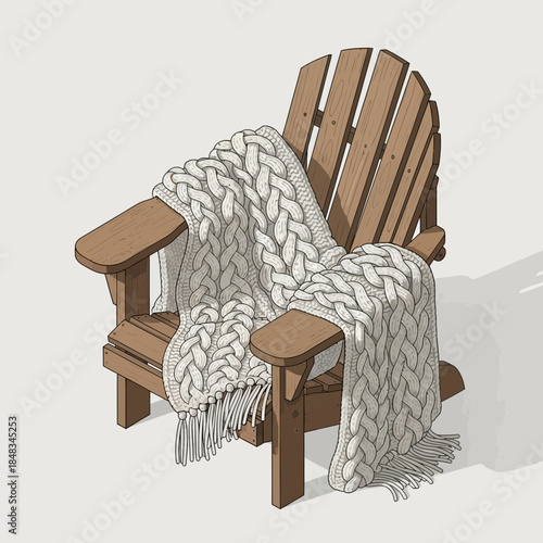 cozy wooden Adirondack chair with chunky knit throw blanket draped over it in a sunny outdoor