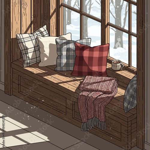 Cozy wooden window nook with plaid cushions and winter scene view for relaxing retreat