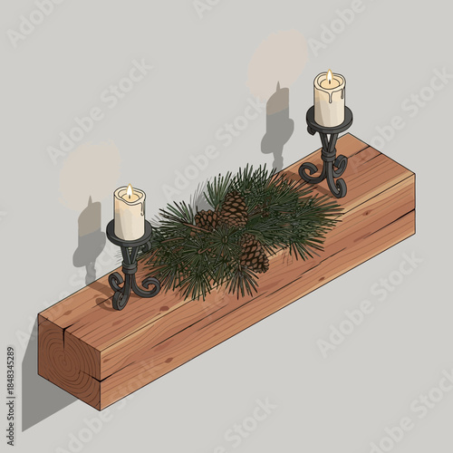Decorative Christmas Candle Arrangement with Pinecones and Greenery on Wooden Mantel
