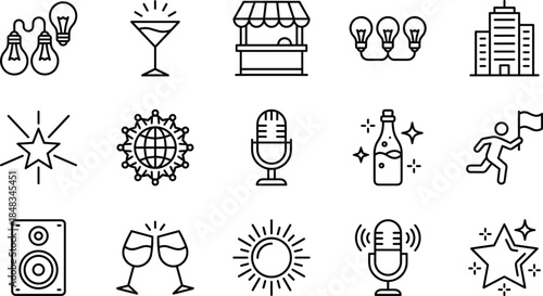Event nightlife and entertainment line icon set featuring bar music celebration lights microphone party city venue festival concepts