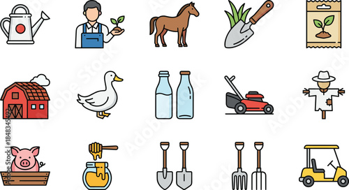 Essential Farm and Agriculture Line Icons Set: Cute Vector Collection for Gardening, Livestock, Harvest, and Ranching Tools Including Animals, Farmer, Scarecrow, and Equipment