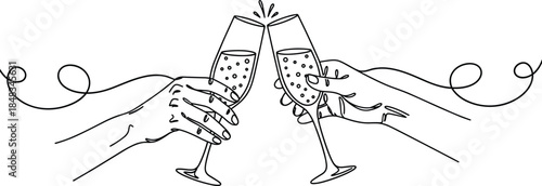 Elegant line art illustration of two hands clinking champagne glasses in celebratory toast, perfect for festive events, parties, and celebrations