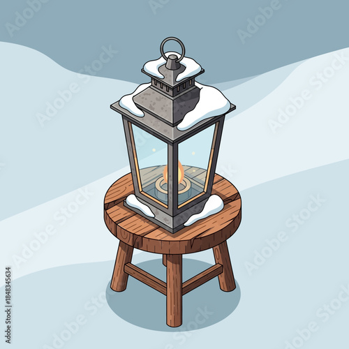 Vintage lantern with snow resting on glass panels placed on a wooden stool in a snowy outdoor