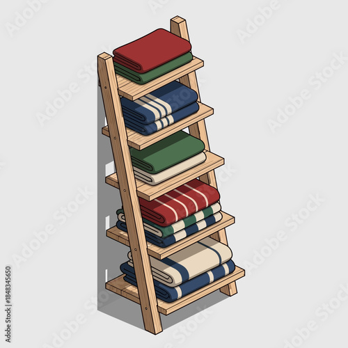 wooden bookshelf with colorful stacked books arranged neatly on multiple shelves for home or