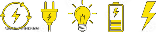 Electric energy icon set featuring power plug, light bulb, battery, lightning bolt, renewable electricity symbol, modern yellow line style illustration